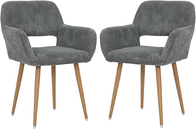 KCC Small Modern Dining Room Arm Chairs Set of 2, Mid-Century Upholstered Corduroy Fabric Side Seat Club Guest with Metal Tube Legs for Kitchen, Living Room, Gray