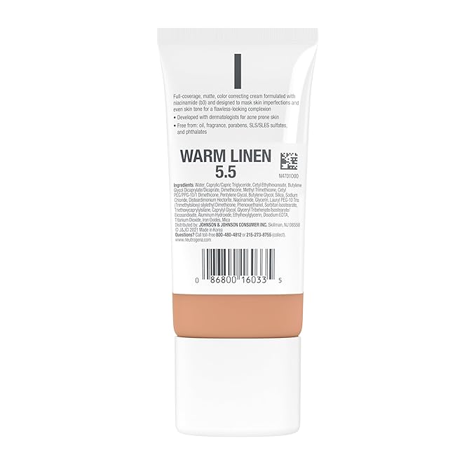 Neutrogena Clear Coverage Flawless Matte CC Cream, Full-Coverage Color Correcting Cream Face Makeup with Niacinamide (b3), Hypoallergenic, Oil Free & Fragrance Free, Warm Linen, 1 oz
