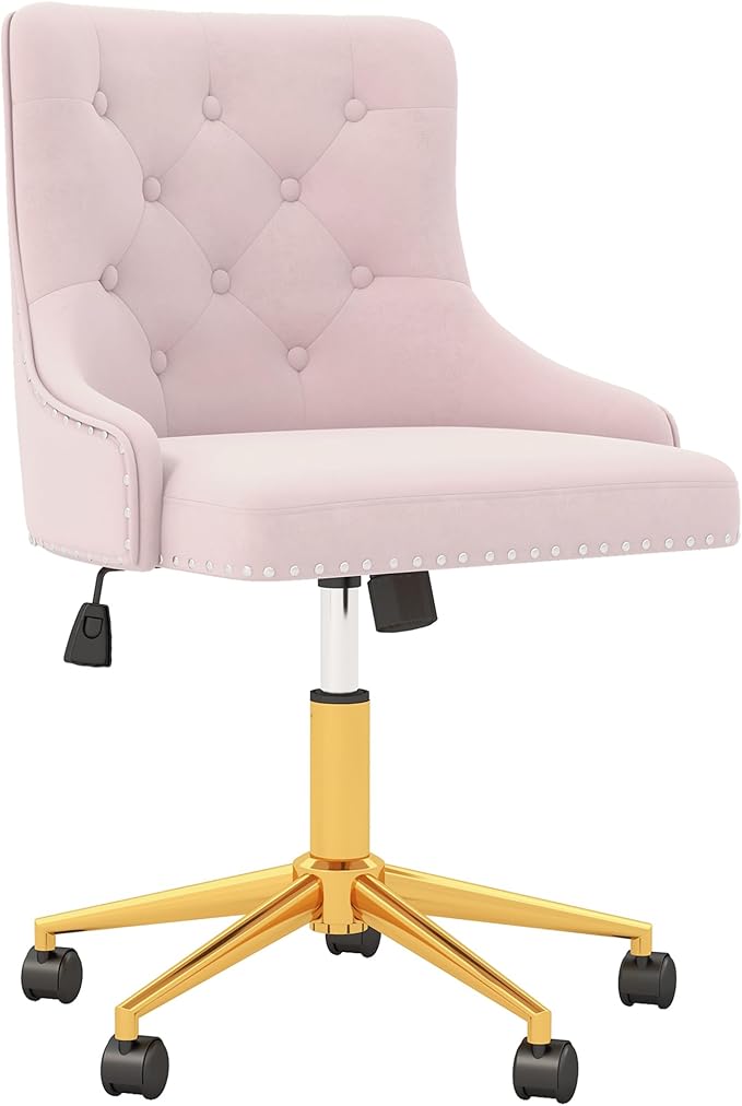 Westice Velvet Desk Chairs, Upholstered Swivel Comfy Makeup Vanity Chair with Tufted Back, Gold Metal Base & Wheels, Height Adjustable Chair for Girls, Bedroom Living Room, Light Pink