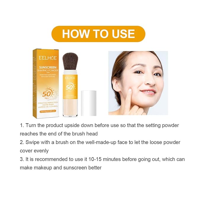 Mineral Sunscreen Setting Powder,SPF 50 PA++ Sunscreen,Control Oil Natural Matt Finish,Lasting Lightweight Breathable Setting Powder with Brush (yellow, 1)