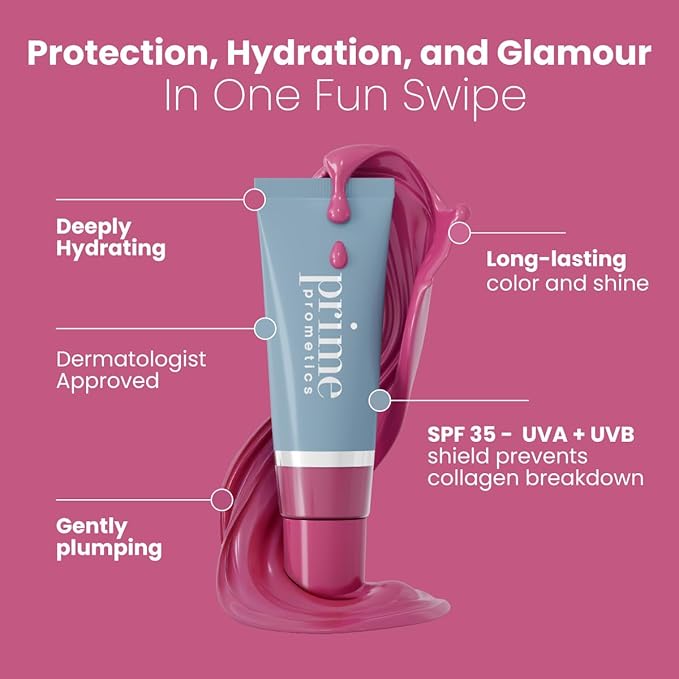 PRIME PROMETICS PrimeLip SPF 35 Lip Oil for Mature Women – UVA & UVB Shield – Intense, Long-Lasting Hydration – Vibrant Color & Non-Sticky, Shiny Gloss (Bright Berry)