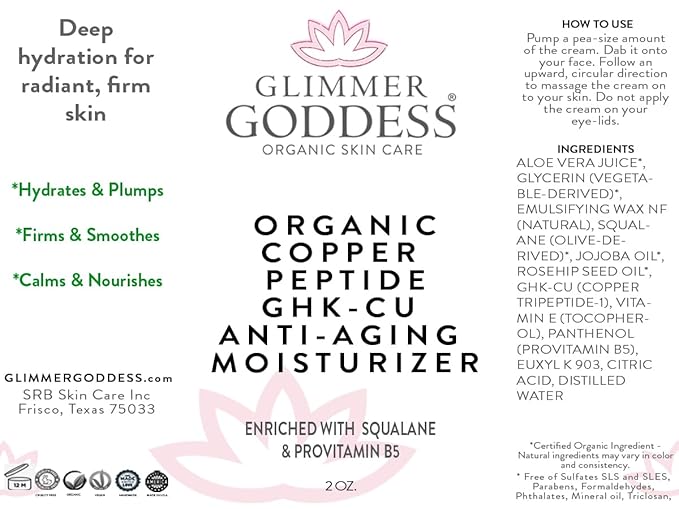 GLIMMER GODDESS Copper Peptide Moisturizer – Lightweight Hydrating Cream with GHK-Cu Complex, Organic Aloe Vera & Botanical Oils – For All Skin Types