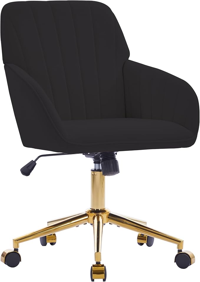 Velvet Home Office Desk Chair, Modern Cute Computer Task Chair with Back, Height Adjustable Upholstered Vanity Chair with Swivel Wheels for Women, Girls (Gold Base, Black