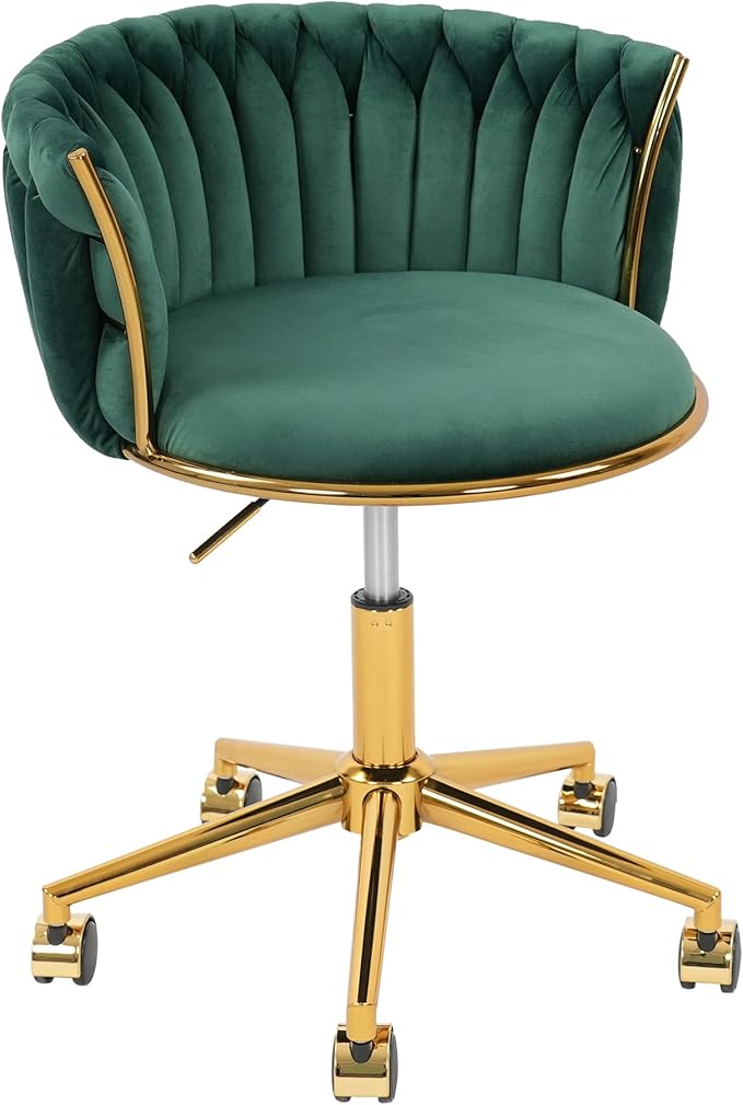 Velvet Woven Home Office Chair, Modern Swivel Desk Chair with Wheels, Height Adjustable Vanity Chair with Gold Metal Base and Hand Weaving Back for Bedroom Study Small Space, Green