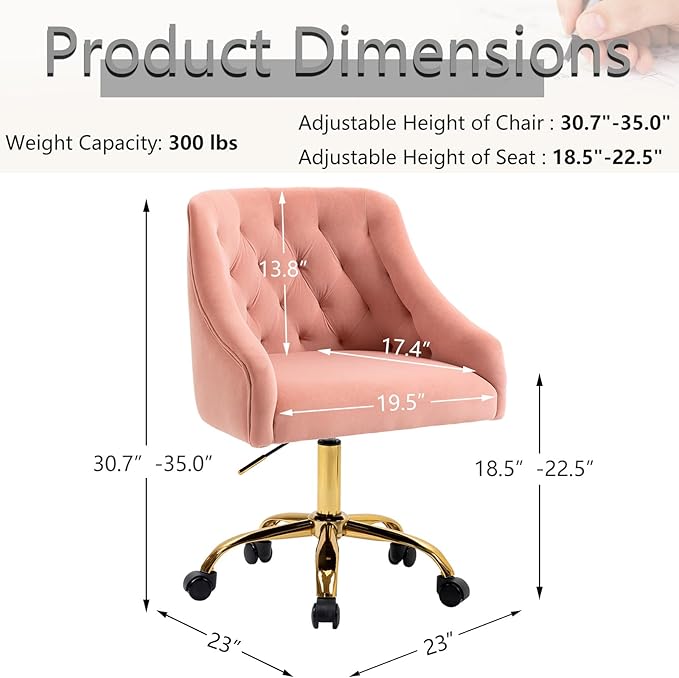 MOJAY Velvet Home Office Desk Chair, Vanity Chair with Wheels Pretty Fancy Gold 360°Swivel Height Adjustable Office Chairs for Girls Home Offices, Bedrooms, Living Room (Pink)