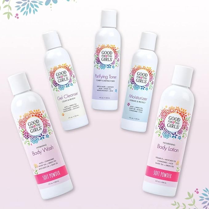 Good For You Girls GIFT SET for Face & Body – Contains: Gel Cleanser, Purifying Toner, Moisturizer, Body Wash Soft Powder Scent, Body Lotion Soft Powder Scent, Made in the USA | GIFT SET 5 Pieces