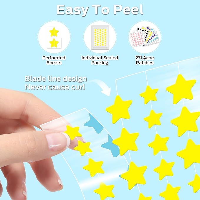 Pimple Patches for Face, Cute Pimple Patches Stars, Colorful Hydrocolloid Acne 271Patches 6 Sizes with Salicylic Acid, Tea Tree & Centella Oil (Round,Star,Peach Shapes)