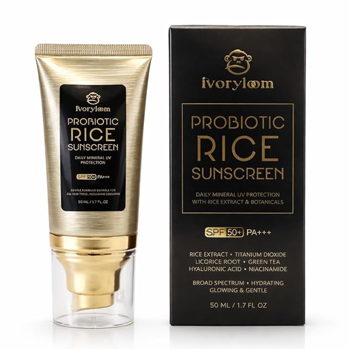 ivoryloom SPF 50 PA++++ Mineral Sunscreen | Fast Absorbing Hydration with Rice Ferment, Niacinamide, Hyaluronic Acid, Titanium Dioxide | Broad Spectrum | No White Cast | Reef Safe | 1.7 OZ