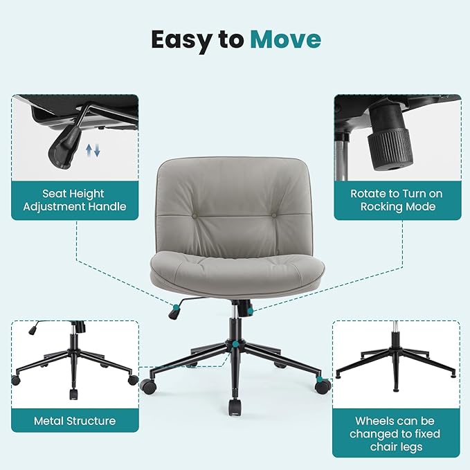 OLIXIS Criss Cross Chair with Wheels, Armless Wide Cross Legged Vanity Office Desk Chair with Comfy PU Leather& Back - Swivel for Home Office Bedroom, Gray