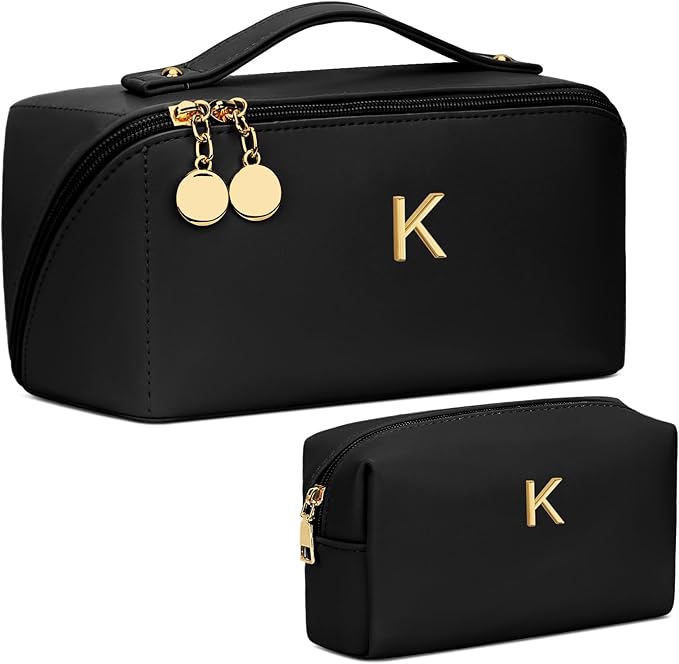 Birthday Gifts for Women Teen Girl, Personalized Initial Makeup Organizer Bag Set, Open Flat Travel Cosmetic Bag With Clear Divider and Handle(Black,K)