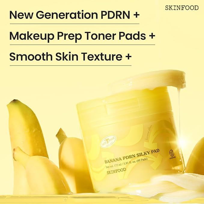 SKINFOOD Banana 3rd Gen PDRN Silky Toner Pads, Instant Hydration Skin Prep for Makeup, Dual Textured Gel & Gauze Exfoliating Cotton Facial Toner Pads, Vitamin A & C Vegan Korean Skincare (60 Counts)