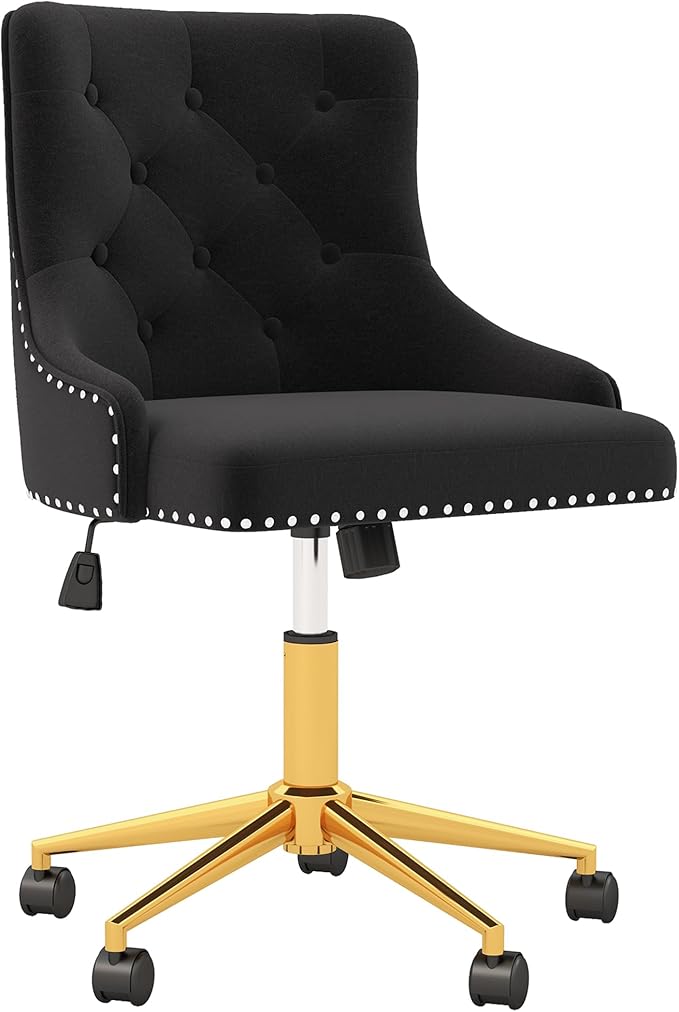 Westice Velvet Desk Chairs, Upholstered Swivel Comfy Makeup Vanity Chair with Tufted Back, Gold Metal Base & Wheels, Height Adjustable Chair for Girls, Bedroom Living Room, Black
