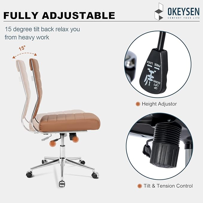 Okeysen Brown Armless Office Desk Chair, Mid Back Ergonomic Swivel Conference Room Chairs, Adjustable Height PU Leather Home Desk Chair, Modern Small Rolling Computer Task Chair