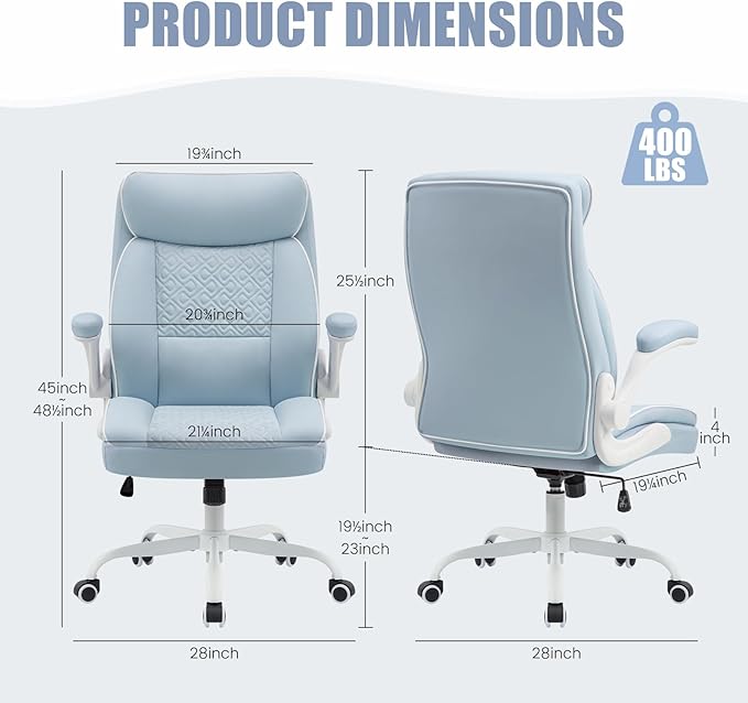 Executive Office Chair with High Back, Computer Desk Chair with Lumbar Support,Comfortable Leather Home Office Chairs 400lbs with Padded Flip-up Armrests, Adjustable Height,Tilting, LightBlue