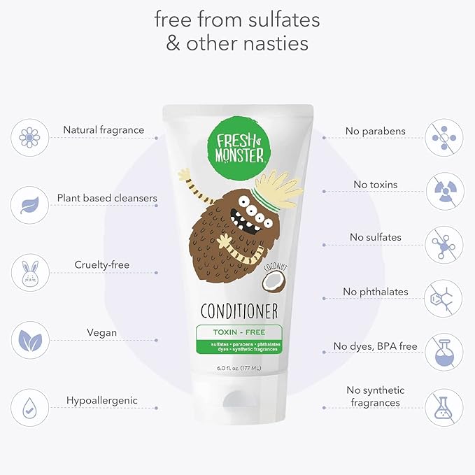 Fresh Monster Kids Hair Conditioner, Toxin-Free, Hypoallergenic & Natural, Hair Conditioner for Kids, Coconut (6oz)