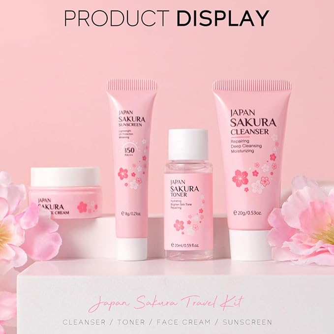 Skin Care Sets for Teenage Girls, Sakura Skin Care Sets & Kits Women Beauty Gift Set with Cleanser, Mud Mask, Toner, Serum, Eye Cream, Facial Cream, and Sunscreen, Birthday Gift for Women and Girls