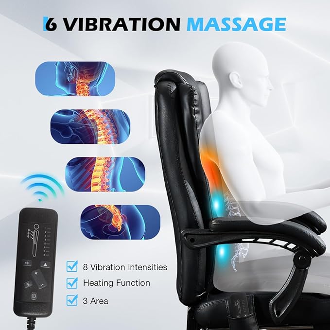Massage Office Chair with Foot Rest,6 Points Vibration and Heat Ergonomic Executive Desk Chair for Heavy People,500lbs Big and Tall Office Chairs with Reclining High Back for Home Office