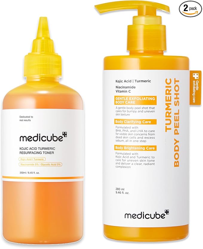 medicube Kojic Acid Turmeric Body Peel & Tone Duo: Turmeric Body Peel Shot and Kojic Acid Smoothing Toner | Gentle Exfoliation & Tone-Refining Care for Uneven Skin