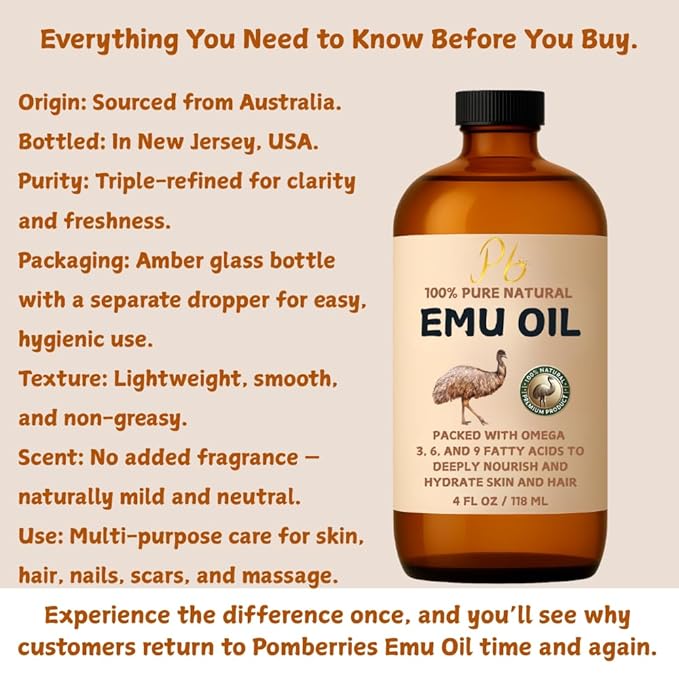 Emu Oil, 100% Pure Australian Emu Oil – Refined & Unscented – Natural Moisturizer for Hair, Skin, Face & Body – Helps with Scars, Dry Skin & Massage – 4 fl oz Glass Bottle