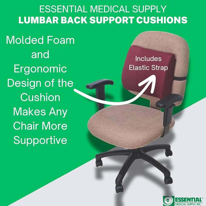 Essential Medical Supply Molded Lumbar Cushion in Navy with Elastic Positioning Strap - Perfect for Office or Car Chairs, Provides Lower Back Support and Comfort