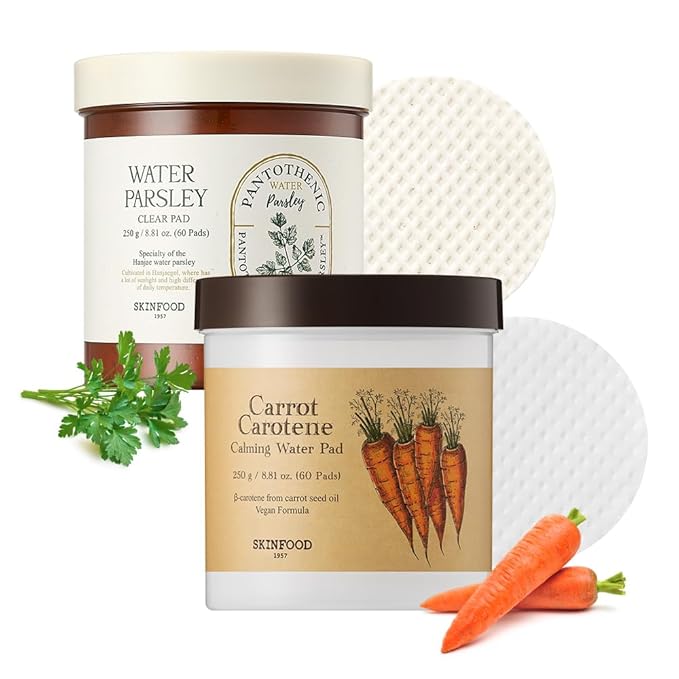 SKINFOOD Carrot Carotene Calming and Pantotenic Parsley Clear Toner, Exfoliating, Hydrating, Soothing, Moisturizing for Sensitive Skin, Carrot Pad(60pads)&Water Parsley Pad(60pads)