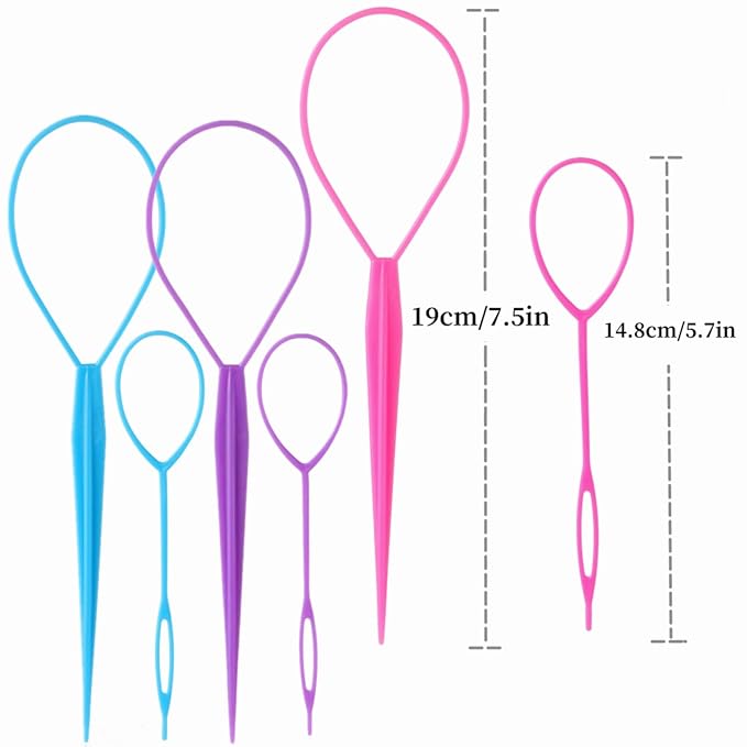 Topsy Tail Hair Tool Set - 6pcs Loop Styling Tool, Ponytail Pull Through, Two Sizes, 3 Colors (Pink/Purple/Blue) for Women, Girls & Kids