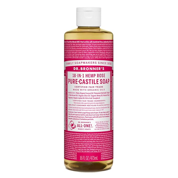 Dr. Bronner's - Pure-Castile Liquid Soap (Rose, 16 ounce) - Made with Organic Oils, 18-in-1 Uses: Face, Body, Hair, Laundry, Pets and Dishes, Concentrated, Vegan, Non-GMO