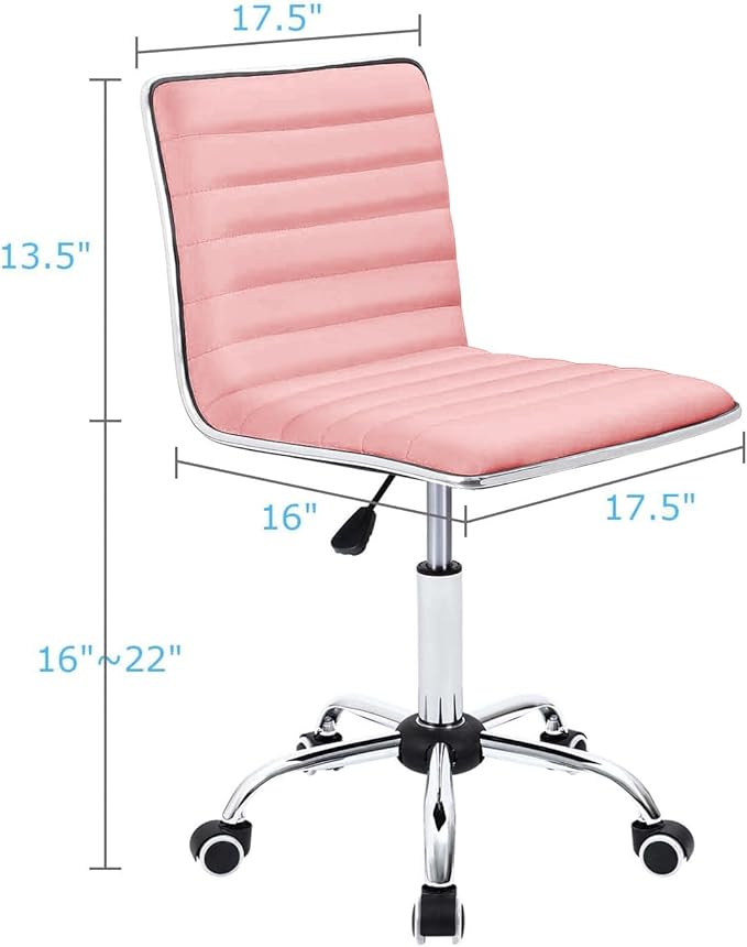 Furmax Vanity Office Desk Chair with Wheels, Armless Small Cute Leather Makeup Computer Task Chair Adjustable Height 360° Swivel (Pink)
