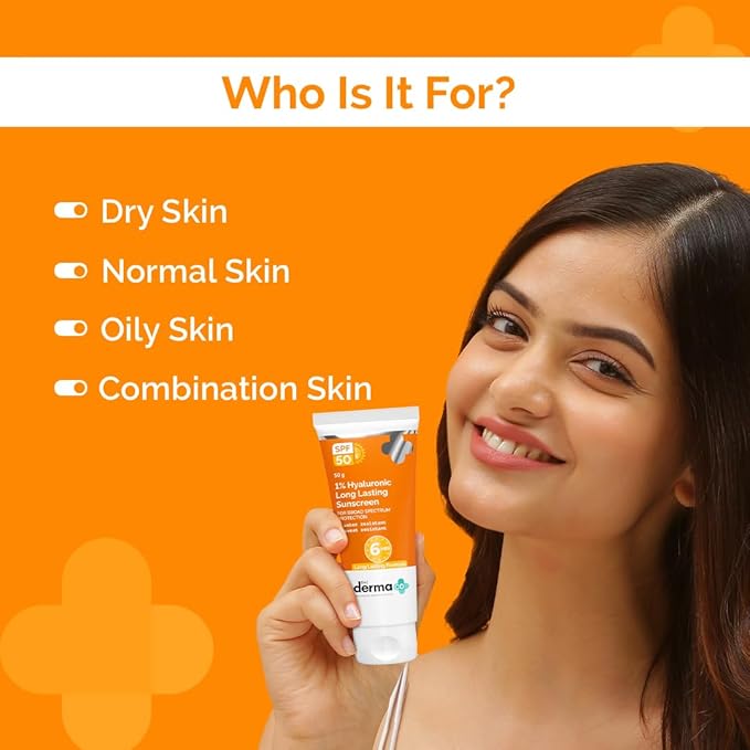 The Derma Co 1% Hyaluronic Long Lasting Sunscreen Spf 50 Pa++++ With Hyaluronic Acid & Vitamin E For Broad Spectrum Protection- 50 G, All Skin Types | Water & Sweat Resistant