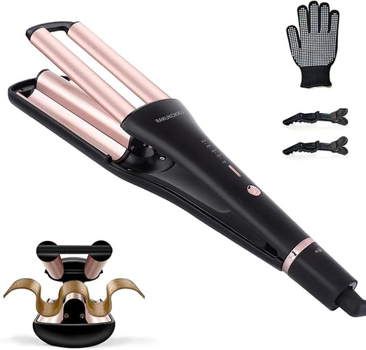 4 in 1 Crimper Hair Tool - Hair Waver with Adjustable Depths for 4 Wavy Styles, Beach Waves Curling Iron with 3 Ceramic Barrels, 4 Temperatures, Dual Voltage, Glove & Clips, for Women (Gold)
