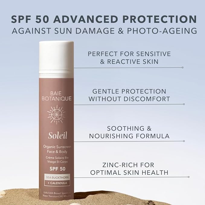 Baie Botanique Soleil - Organic Mineral Non Toxic Sunscreen for Face and Body SPF 50 - Sea Buckthorn & Calendula - Natural - Vegan - No White Cast - Chemical Filter Free - Reef Safe -UVA/UVB - 3.9 oz