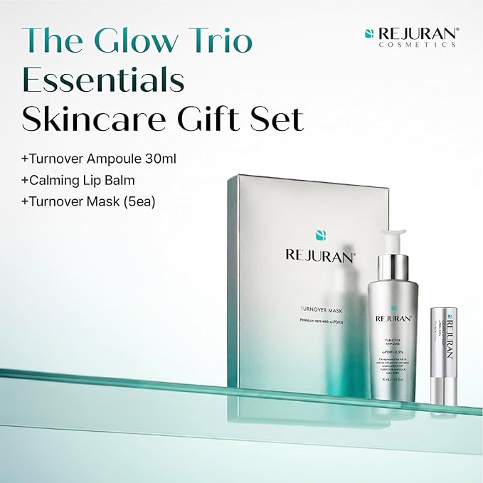 REJURAN® The Glow Trio Essentials Korean Skincare Gift Set – Turnover Ampoule Serum, Turnover Sheet Mask & Calming Lip Balm with c-PDRN®, Hydrating & Soothing Care for Radiant-Looking Skin