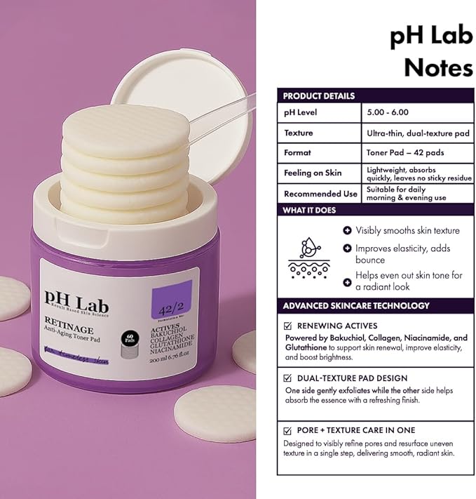 pH Lab Retinage Anti-Aging Toner Pad with Bakuchiol & Collagen, Gentle Face Pads for Smooth and Refreshed Skin, 60 Pads