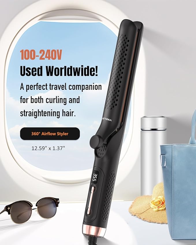 360° Airflow Styler, 2 in 1 Hair Straightener and Curling Iron 1.25 Inch with Vented Cool Air to Lock in Style, Extra Long Flat Iron, Dual Voltage for Travel, LCD Display