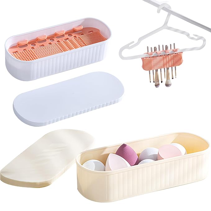 Makeup Brush Cleaner Mat, 4-in-1 Make Up Cleaning Box, 2 Pack Travel Organizer & Storage Holder with Quick-Dry Pad
