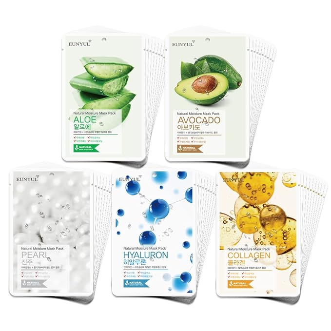 EUNYUL Natural Mask Sheet [Pack of 50] - Bulk Value Set, 5 Types x 10 Sheets (Aloe, Collagen, Pearl, Hyaluron, Avocado) - Korean Face Sheet Masks for Daily Skin Care