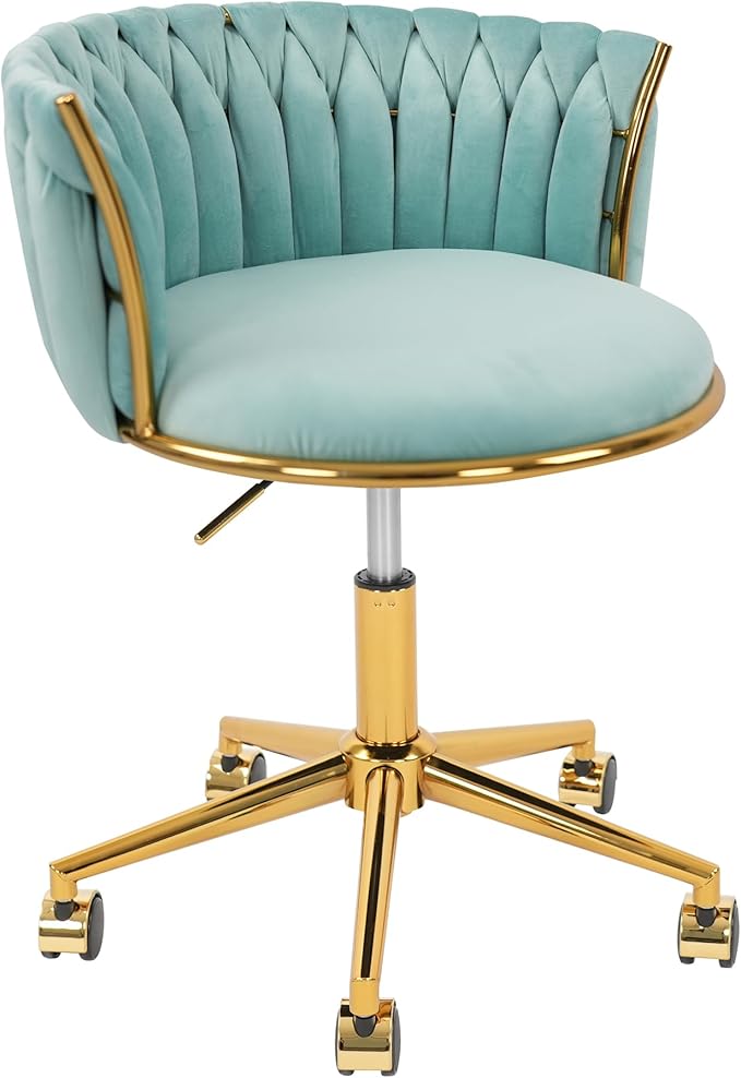 Velvet Woven Home Office Chair, Modern Swivel Desk Chair with Wheels, Height Adjustable Vanity Chair with Gold Metal Base and Hand Weaving Back for Bedroom Study Small Space, Cyan