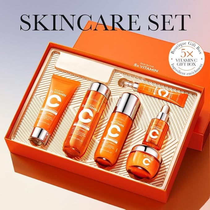 6-Piece Hydrating Skincare Set with Vitamin C, Face Care Kit Includes Cleanser, toner, lotion, essence, face cream, eye cream