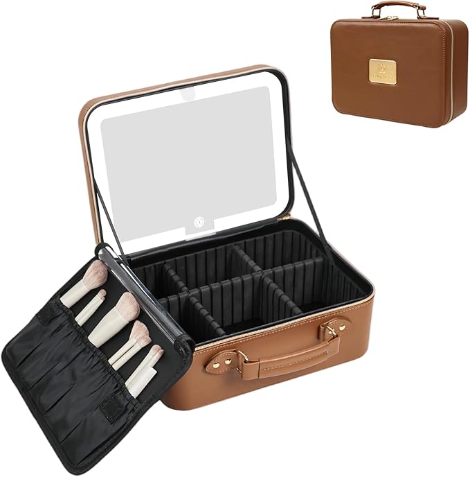 Prite Makeup Bag With LED Mirror 3 Light Modes Adjustable Brightness, Travel Cosmetic Train Case with Adjustable Dividers & Brush Holder, Portable Makeup Artist Organizer Bag for Women(Brown)