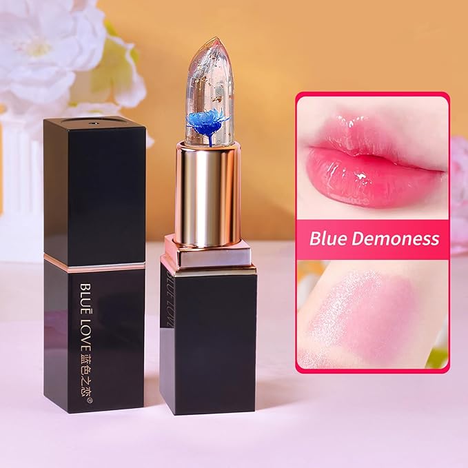 BLUE LOVE 3-Piece Color Changing Flower Jelly Lipstick Set - Nourishing Clear Lip Balm with Flower, Long-Lasting Moisturizing Lip Gloss (2Pc Blue 1Pc Gold)