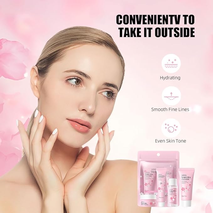 Sakura Travel Skincare Set for Teenage Girls,4 Pcs/Set Sakura Skin Care Set With Cleanser, Toner,Face Cream and Sunscreen,Travel Essentials for Women-Cleansing,Hydrating and Sun Protection
