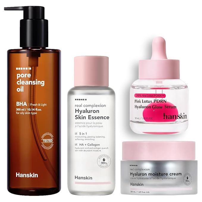 Hanskin Pore Care & Hydration Routine Set – BHA Cleansing Oil, Hyaluron Essence Toner, Pink Lotus Vegan PDRN Serum & Hyaluron Moisture Cream | 4-Step Glass Skin Skincare for Oily & Combination Skin