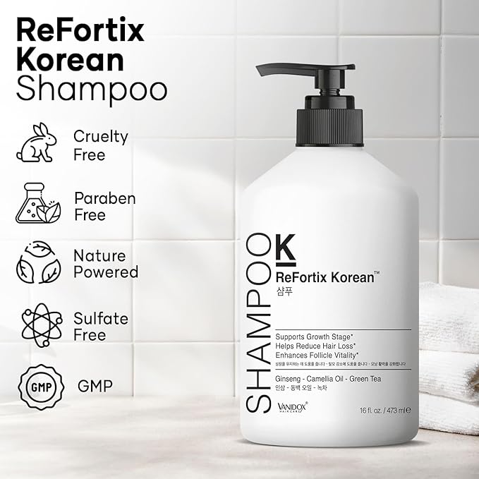 ReFortix Korean Shampoo, Enriched with Ginseng, Green Tea, and Camellia Oil, Supports Growth Stage and Helps Reduce Hair Loss for Stronger Hair (16 fl oz)