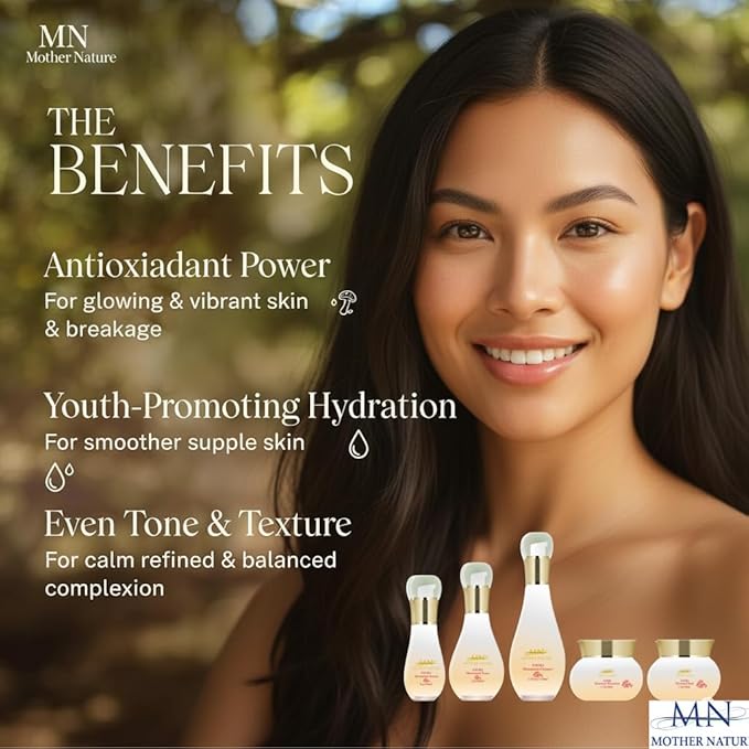 MN Mother Nature Enoki Menomush 5-Piece Skincare Set – Cleanser, Toner, Serum, Mask & Moisturizer – Mushroom Antioxidant Complex for Glowing, Radiant Skin – Anti-Aging & Hydrating Daily Routine