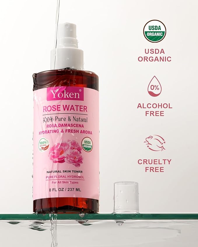 Organic Rose Water Spray for Face, 8 Fl Oz Fine Mist, Rosewater Face Mist with 100% Pure & Natural Rosa Damascena Rose Hydrosol, USDA Certified Organic, Alcohol Free, Vegan, No Dyes