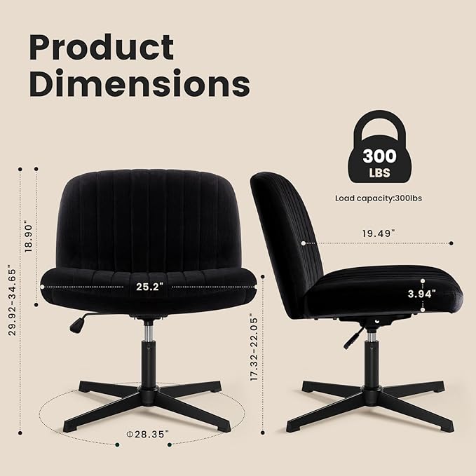 IWMH Criss Cross Chair, Cross Legged Office Chairs no Wheels, Armless Wide Seat Desk Chair with Adjustable Height for Home, Vanity, Bedroom (Black)