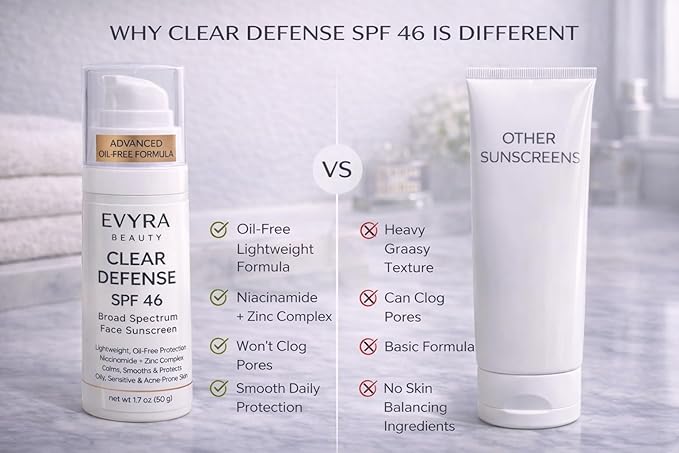 EVYRA Clear Defense SPF 46 Sunscreen Lotion for Face Broad Spectrum UV Protection, Niacinamide + Zinc PCA Oil Control, Lightweight Non-Greasy, No White Cast, Water-Resistant, For Oily/Acne-Prone Skin