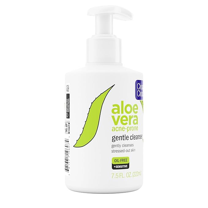 Clean & Clear Aloe Vera Gentle Facial Cleanser for Acne-Prone & Sensitive Skin, Oil-Free Daily Face Wash with Aloe Vera, Vegan, No Animal Testing, Paraben-, Soap- & Dye-Free, 7.5 fl. oz