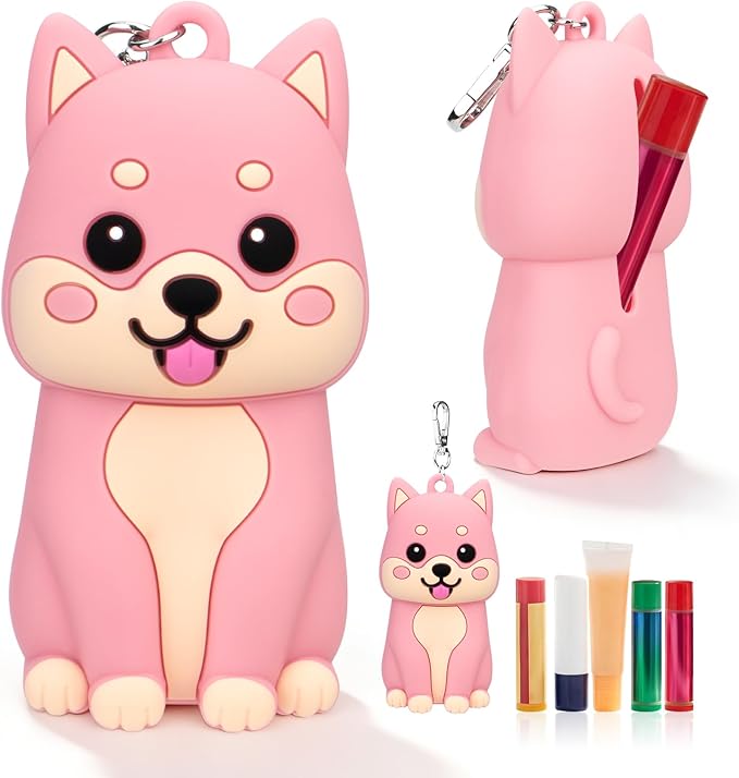 BrainKer Chapstick Holder Key Chain Cute Cartoon Design Lip Balm Holder Keychain Storage Bag Silicone Lip Gloss Holder Case
