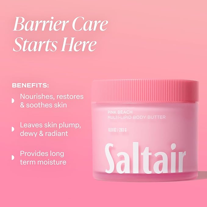 Saltair Multi-Lipid Body Butter – Hydrating 24-Hour Moisture – Body Cream for Soft Skin & Barrier Support – Ceramides, Coconut Oil & Shea Butter for Dry Skin Care – Pink Beach 10oz